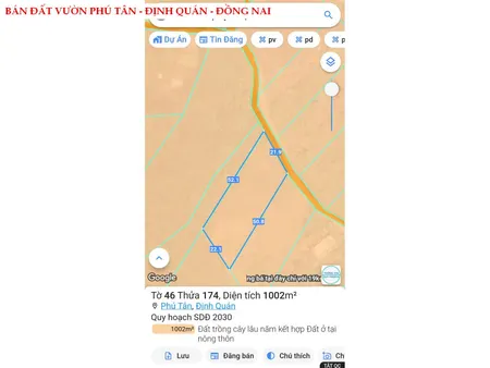 Bán đất vườn Phú Tân - Định Quán giá 790tr, ngang 22m bám đường betong đẹp