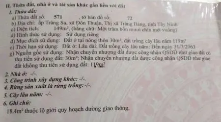 Bán đất 149m² (có 30 mét thổ cư) giá 1.080 tỷ tại Xã Đôn Thuận thị xã Trảng Bàng