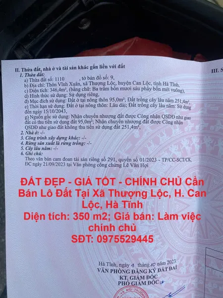 ĐẤT ĐẸP - GIÁ TỐT - CHÍNH CHỦ Bán Lô Đất Tại Xã Thượng Lộc, H. Can Lộc, Hà Tĩnh