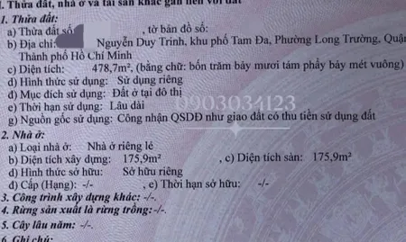 Bán đất Nguyễn Duy Trinh Quận 9 gần chợ Long Trường🚩(30m x40m) vuông vức 🚩Thổ cư 1020m2