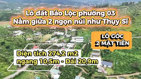 Bán đất Bảo Lộc.DT 274,2m2 (10,5mx20,9m) có 120m2 thổ.Lô góc 2 mặt tiền.Cách QL.20 có 900m