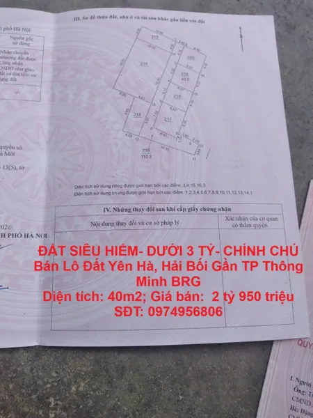 ĐẤT SIÊU HIẾM- DƯỚI 3 TỶ- CHÍNH CHỦ  Bán Lô Đất Yên Hà, Hải Bối Gần TP Thông Minh BRG