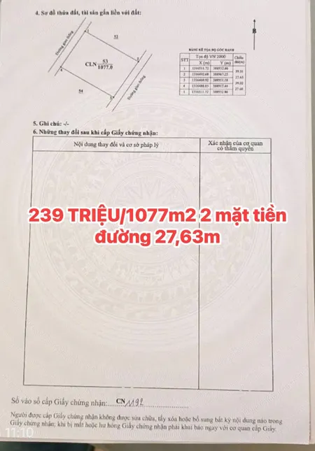 239TRiệu/1077m2 2 mặt tiền 27,6m đất đẹp 0919830239