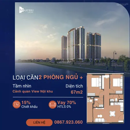 Trục căn 2n+ góc giá rẻ nhất phân khúc masteri lakeside 67 m2 chỉ 4tỷ full phí miễn phí dv 2 năm
