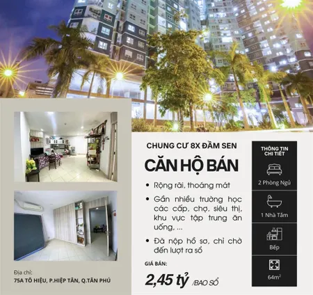 Căn hộ 64.1m2, 2 pn 1 wc, 8x đầm sen, tô hiệu, q. tân phú