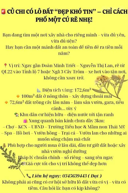 172m2 đất đẹp shr thổ cư sẵn ở thái mỹ, củ chi chờ chủ mới