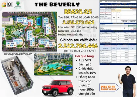 Căn hộ studio the beverly be7 giá chỉ 2,502 tỷ, tặng ngay xe điện vf3