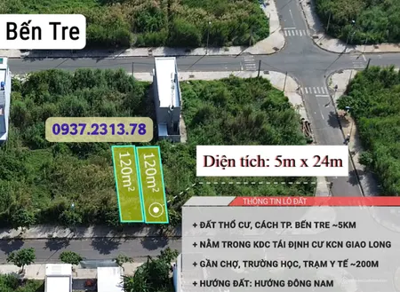 ĐẤT 5x24m Thổ cư KDC Giao Long, Châu Thành Bến Tre 1,1T (Tin Hết Hạn)
