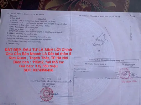ĐẤT ĐẸP- ĐẦU TƯ LÀ SINH LỜI Chính Chủ Cần Bán Nhanh Lô Đất tại Kim Quan, Thạch Thất, TP Hà Nội
