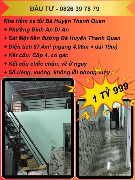 Bán nhà Hẻm xe tải Bà Huyện Thanh Quan Bình An Dĩ An, 87m2 ngang 4.1m, 1 tỷ 999 (Tin Hết Hạn)