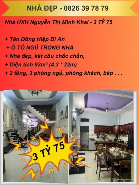 Bán nhà HXH Nguyễn Thị Minh Khai Tân Đông Hiệp Dĩ An 93m2 ngang 4.5m chỉ 3 tỷ 75 (Tin Hết Hạn)
