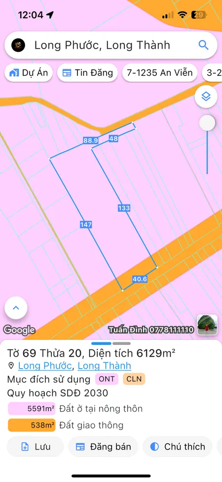 Bán đất 6128.9m² ngang 40m giá 36 tỷ tại Xã Long Phước Huyện Long Thành