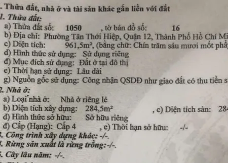 Bán đất 961m² giá 31.8 tỷ Phường Tân Thới Hiệp