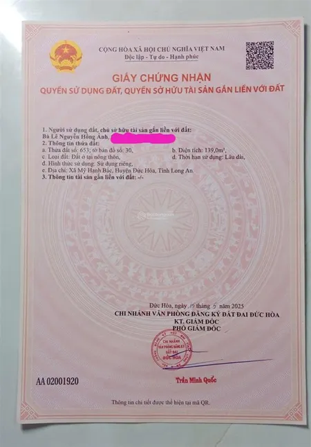 Tôi chính chủ bán đất full thổ cư 139m2, xã mỹ hạnh bắc, đức hòa, long an