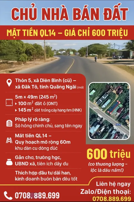 🌟 CHÍNH CHỦ BÁN ĐẤT MẶT TIỀN QL14 🌟