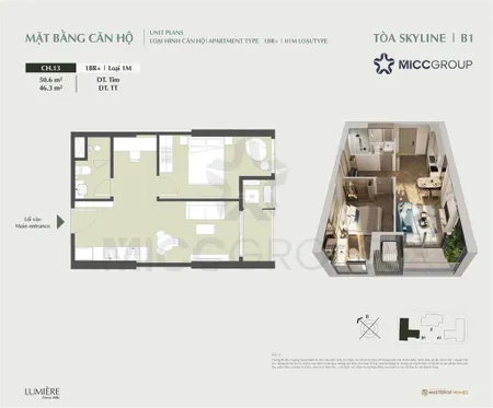 Căn 1pn+1, rẻ nhất 4,6 tỷ 51m2, bc đông nam, thiết kế 2pn lumiere prime hills. ms huế 0907 351 ***