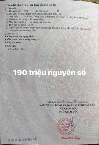 Bán đất 543.3m² giá 190 triệu Xã Ea Drông