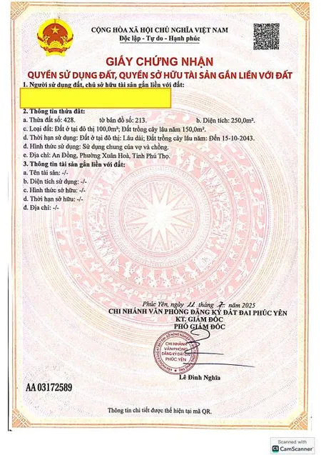 Chính chủ bán 250 m2 đất nhà ở đô thị phường xuân hòa, phú thọ
