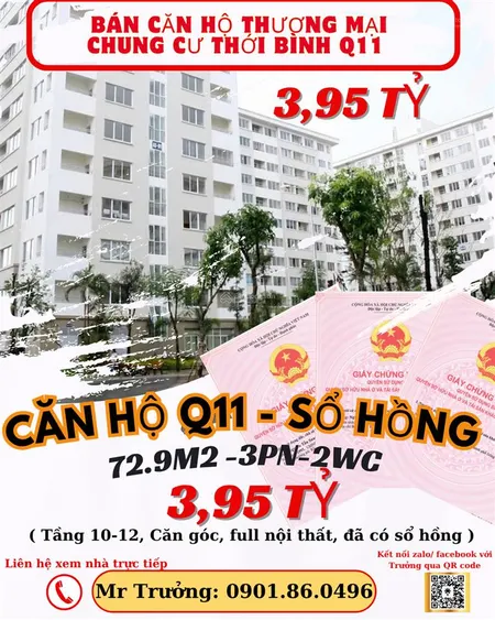Bán căn hộ q11 căn góc 72,9m2 3pn 2wc giá 3.95tỷ sổ hồng