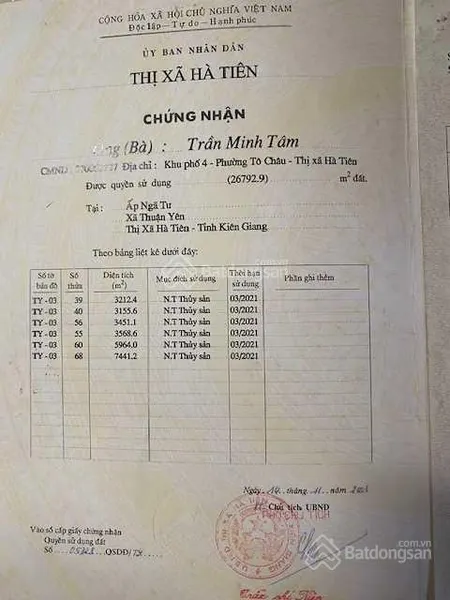 Cần bán gần 3 ha đất giá 390 nghìn/1 m2 tại thuận yên, hà tiên