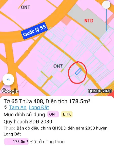 Bán đất 178,5m² ngang 7,5m giá 2.25 tỷ Xã Long Điền