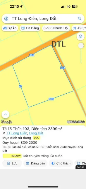 Bán đất 2398.5m² ngang 45,7m giá 750 triệu Xã Long Điền
