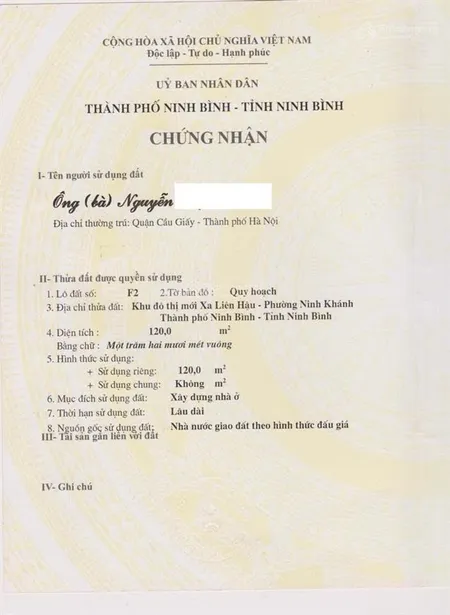 Bán dất 120m2 khu đô thị xa liên hậu, gần trường tiểu học ninh khánh