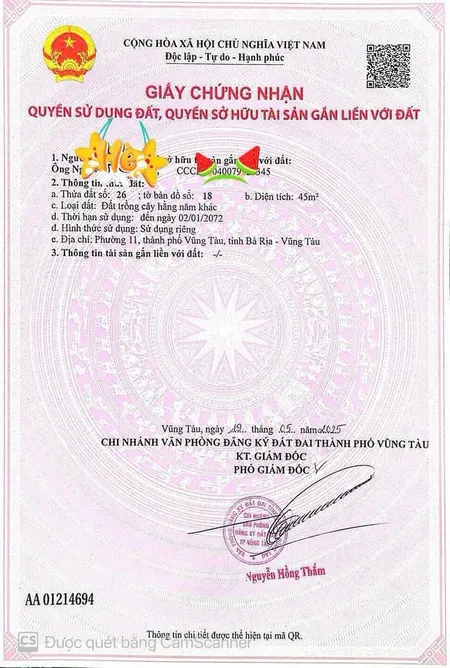 Bán đất 45m² ngang 3m giá 1.8 tỷ Phường Phước Thắng