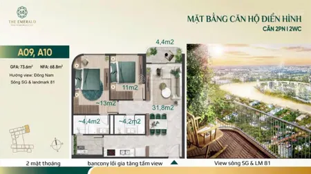 Giỏ hàng cuối emerald 68 căn 2pn góc view landmark, vốn 800 triệu nhận nhà, ls cố định 5%, ck 22%