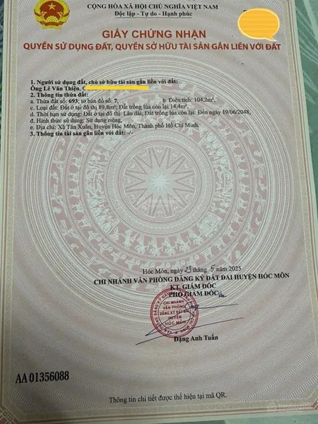 Bán đất mặt tiền ấp mới 1 tân xuân tô ký vào 200m giá 5tỷ5 bớt lộc