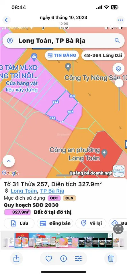 Cần bán đất mặt tiền 328m2 full thổ cư, đường cmt8 tl44, phường bà rịa tphcm