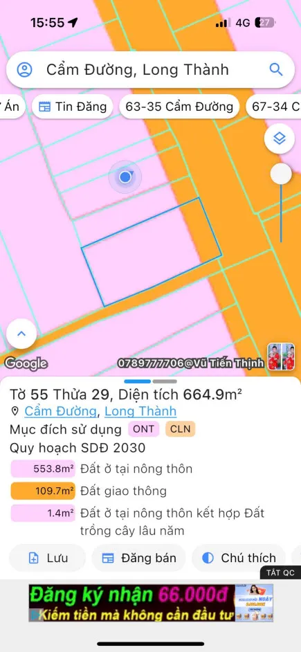 Bán đất 664.9m² ngang 18m giá 8.64 tỷ Xã Xuân Đường