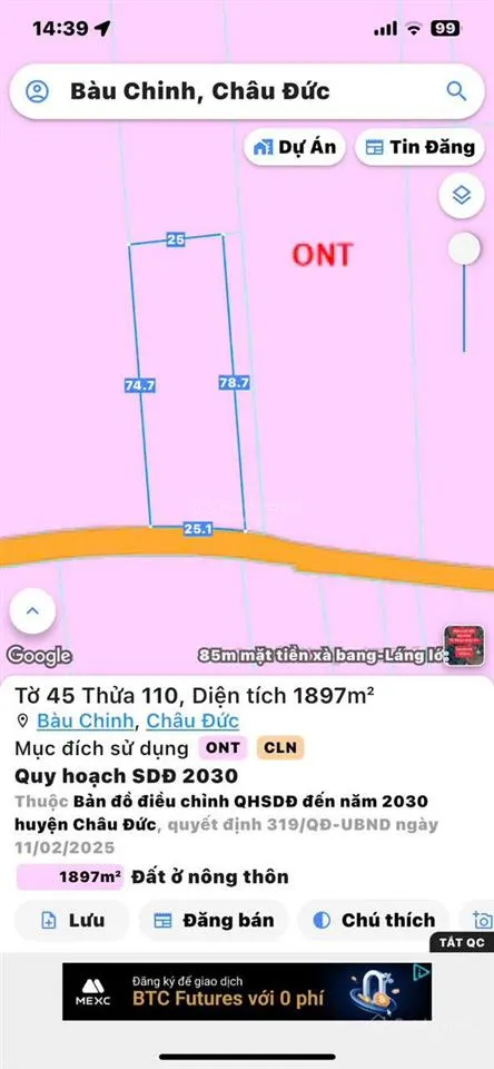 Bán đất đẹp xã kim long tp.hcm (bàu chinh, châu đức cũ) chỉ 2 tỷ 700 triệ