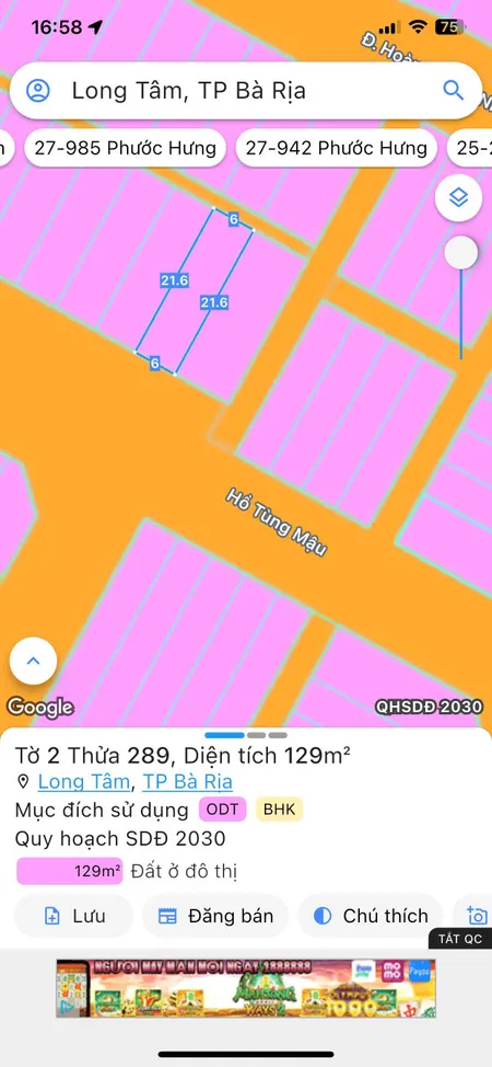 Bán đất 129.9m² ngang 6m giá 2.85 tỷ Phường Tam Long