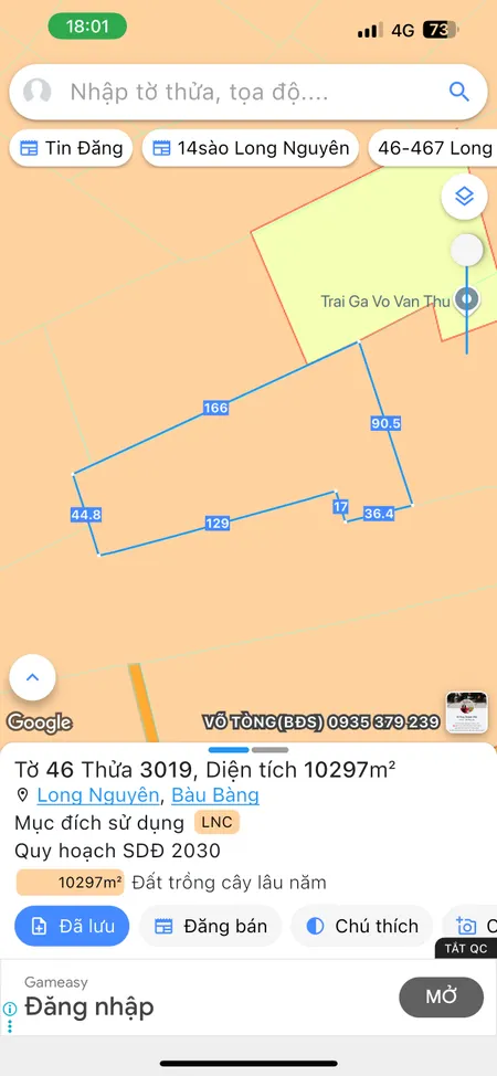 Bán đất 10364.1m² giá 8 tỷ Phường Long Nguyên