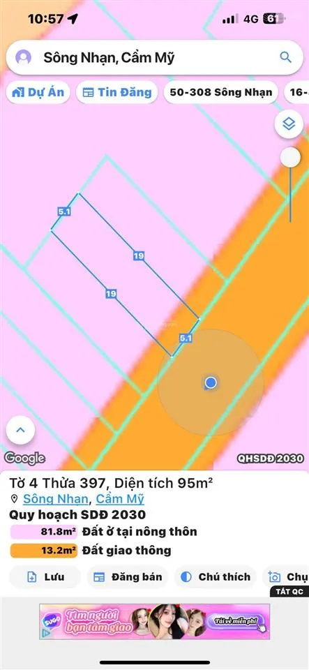 Nền thổ cư 550tr thuộc ấp 1 xã sông nhạn cẩm mỹ
