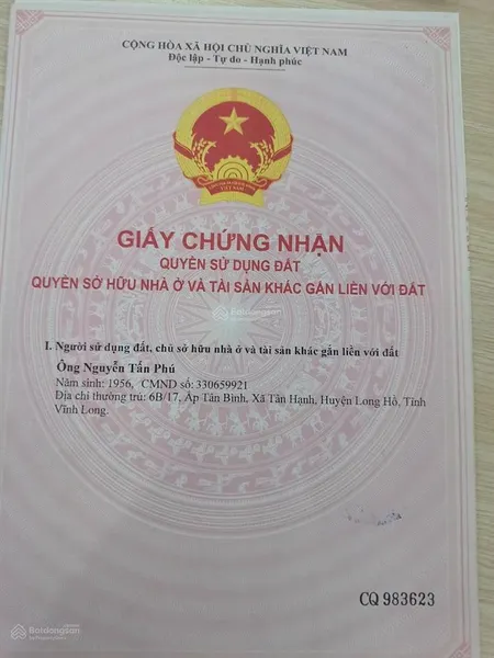 Bán đất sổ đỏ chính chủ, 1.600m2, mặt tiền ql1a, xã phú thịnh, h. tam bình, t. vĩnh long