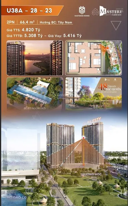 Bán căn 2pn hiếm còn tại masteri lakeside ocp 1