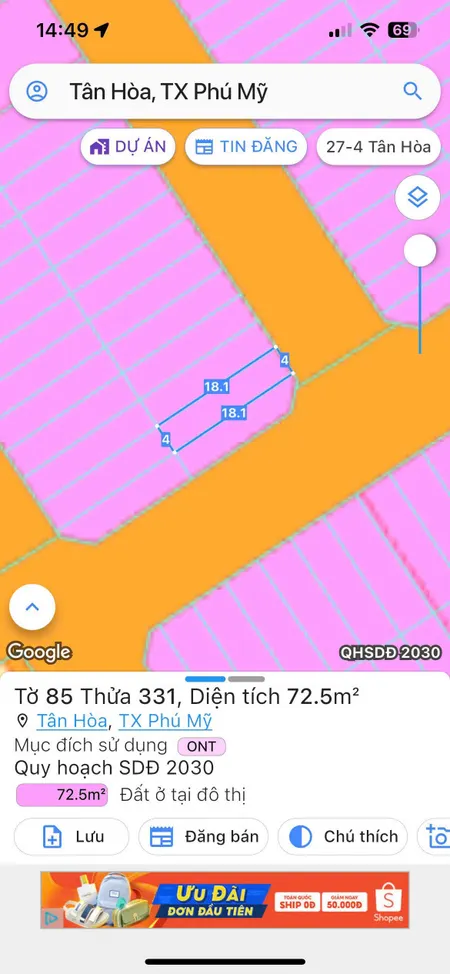 Bán đất 72.9m² ngang 4m giá 1.48 tỷ Phường Tân Hải
