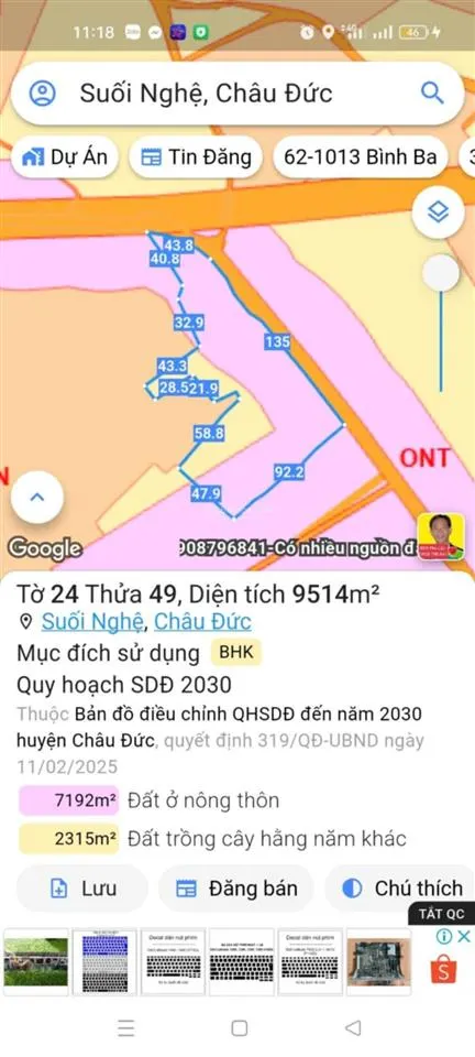 Cần bán 1,8ha (18000)m2 châu đức bà rịa vũng tàu tphcm ngay kcn sonadezi