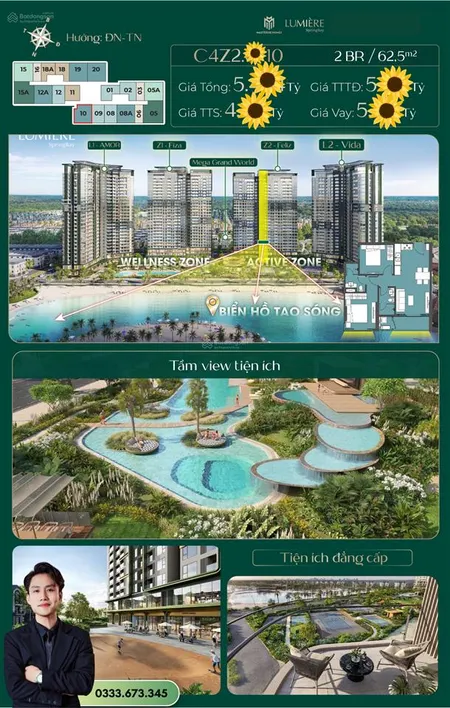 Căn 2pn góc view hồ tạo sóng giá tốt nhất tại lumière spring bay chỉ 4tỷ1xx, 0333 673 ***