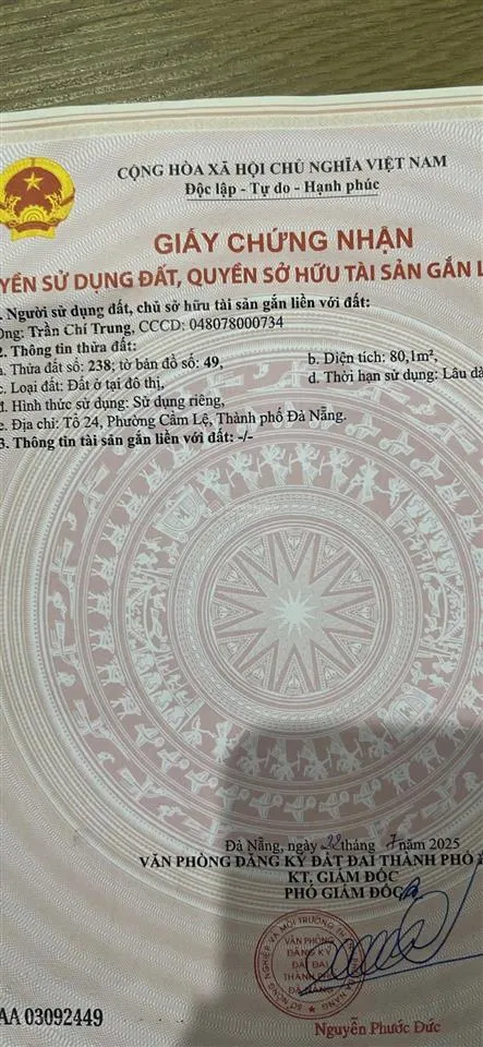 Chào bán lô đất kiệt 2m5 phường cẩm lệ kiệt nguyễn như đãi