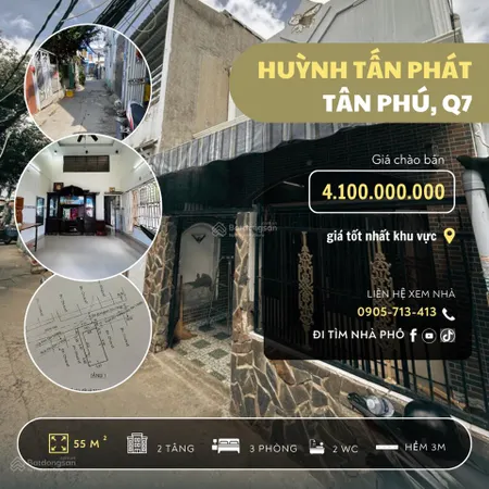 Bán nhà riêng tại huỳnh tấn phát, 4,1 tỷ, 55m2, 3pn, 2wc, q7, hcm