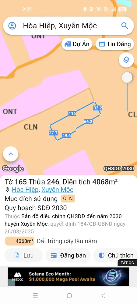 Bán đất 4068m² giá 2.1 tỷ Xã Hòa Hiệp