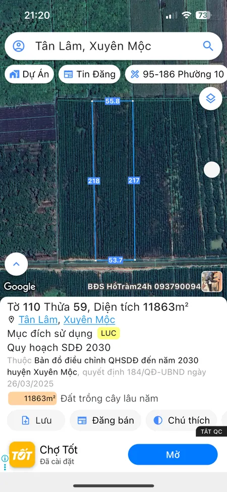 Bán đất 11361.9m² ngang 53,7m giá 5 tỷ 680 Xã Bàu Lâm