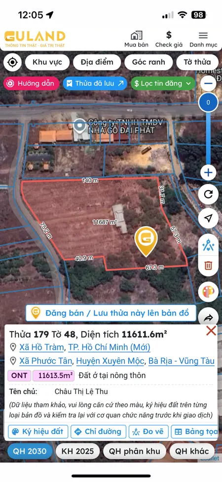 Bán đất 11611.6m² ngang 84,5m giá 14 tỷ Xã Hồ Tràm