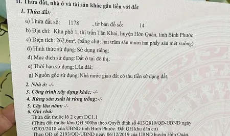 Bán đất tại đt, tân khai, hớn quản, bình phước, giá ưu đãi 1,65 tỷ, 260m2