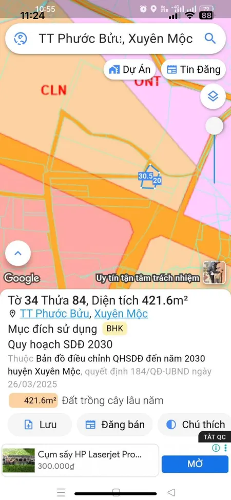 Bán đất 416.3m² ngang 30m giá 1.4 tỷ Xã Xuyên Mộc