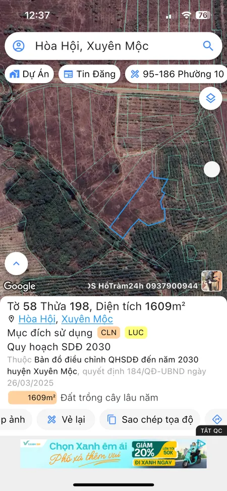 Bán đất 1609,4m² ngang 15m giá 643.76 triệu Xã Hòa Hội Xuyên Mộc