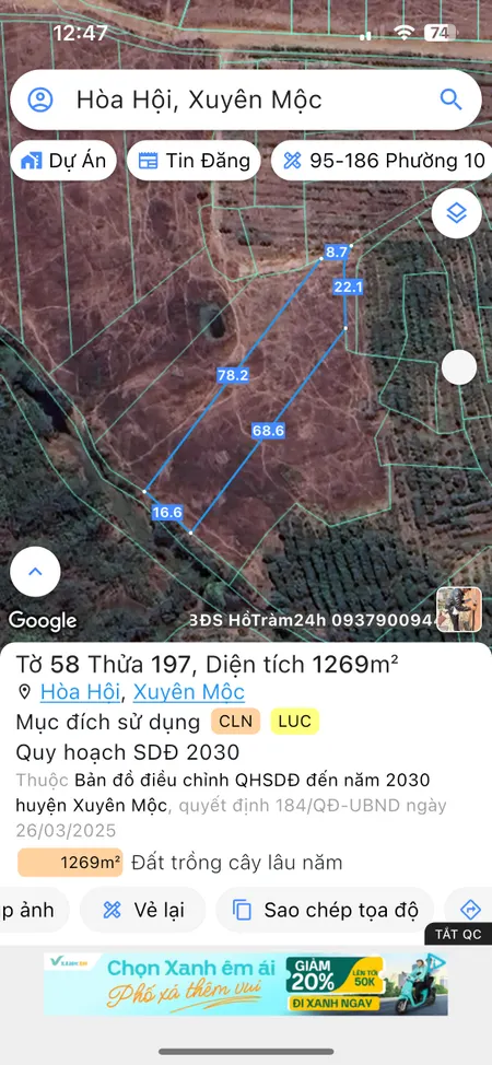 Bán đất 1269,4m² ngang 16m giá 507.76 triệu Xã Hòa Hội Xuyên Mộc